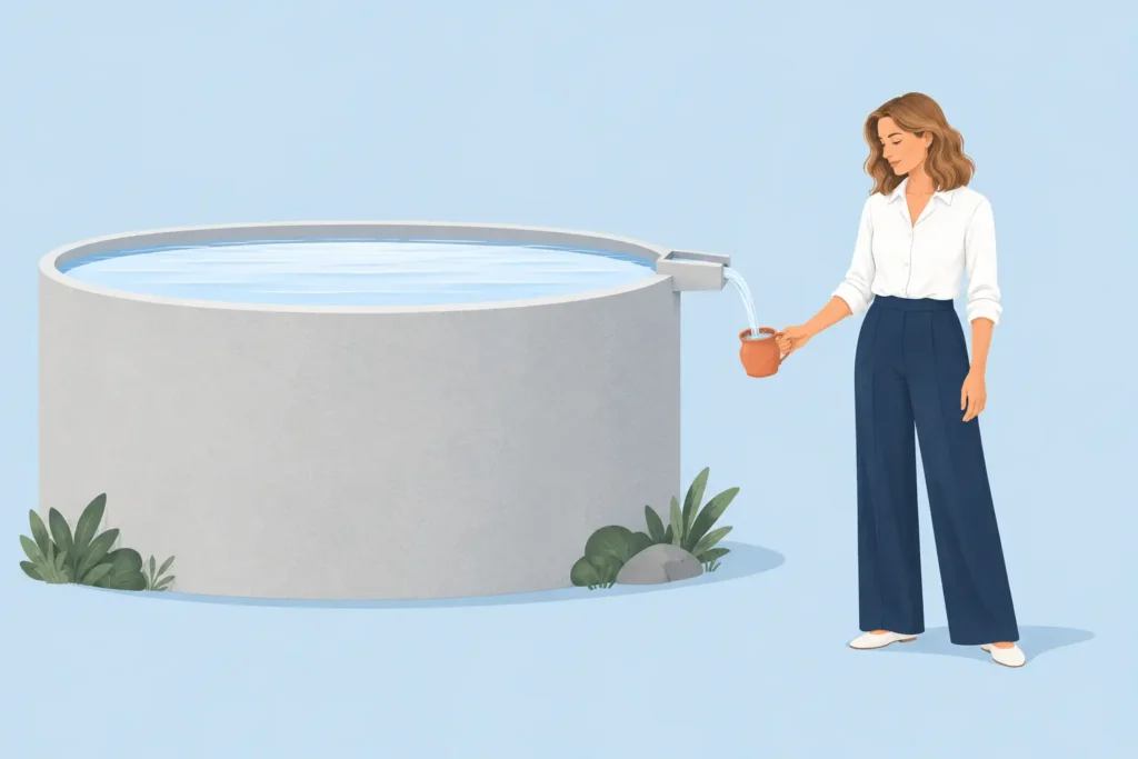 A woman fills a cup from a reservoir's overflow while its water level stays full, symbolizing living off a fund's returns rather than the fund itself